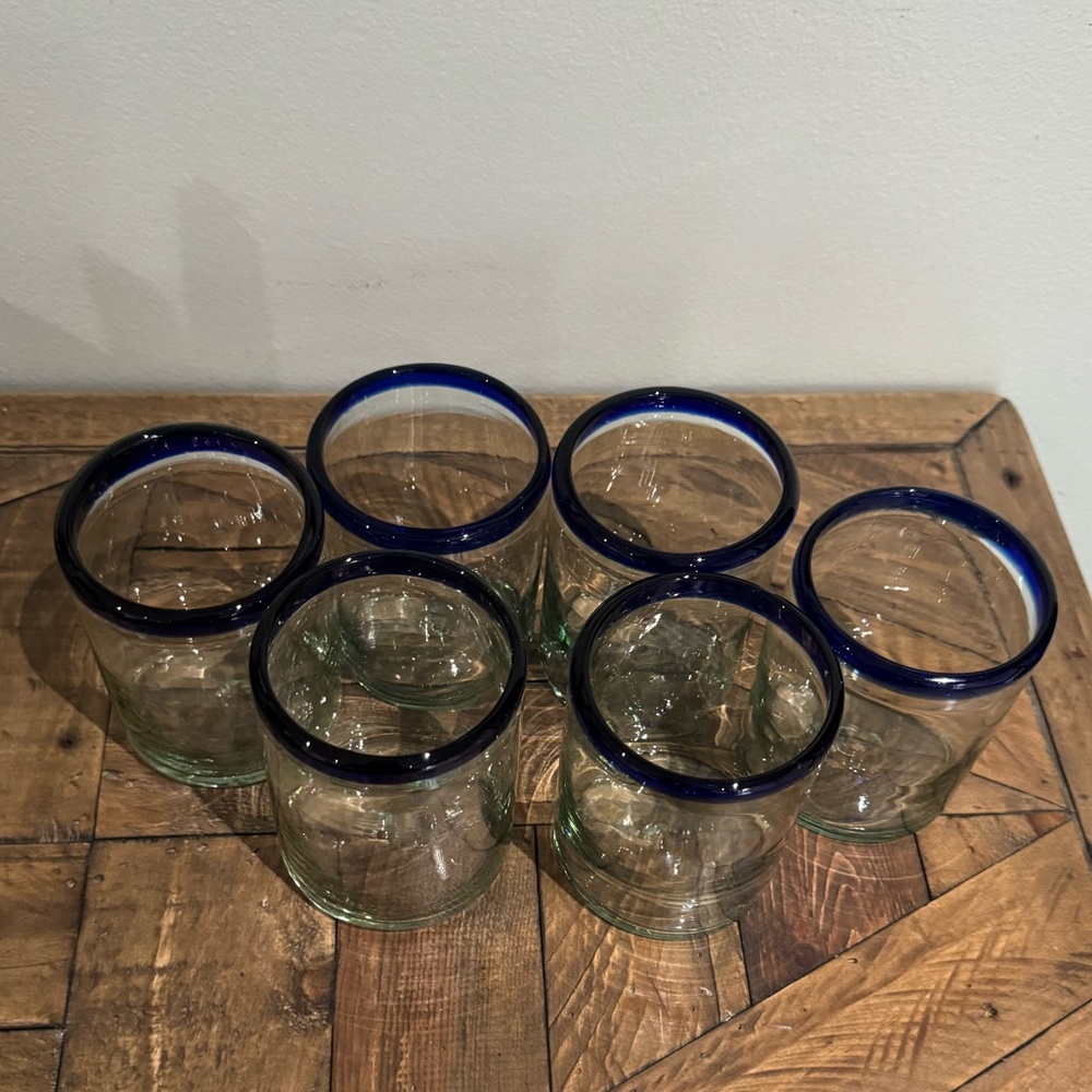 COBALT BLUE RIM TUMBLER HANDBLOWN GLASSES - SET OF 6 (10 OZ EACH - Picture 4 of 8